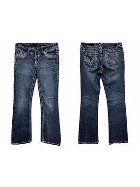 Vigoss Fit Bootcut Womens Jeans 5/28 Blue Low Rise Thick Stitch Embroidered